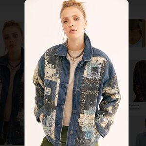 Free People Patchwork Jean Jacket - Blue and Cream